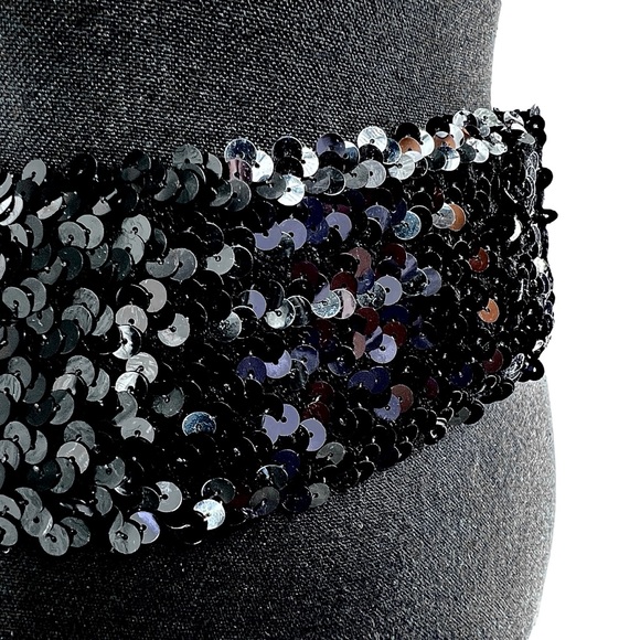 Vtg 1980s A.BROD Sequin Waist Belt Size M/L Black Sparkle Stretch Back Fastener - Picture 6 of 16